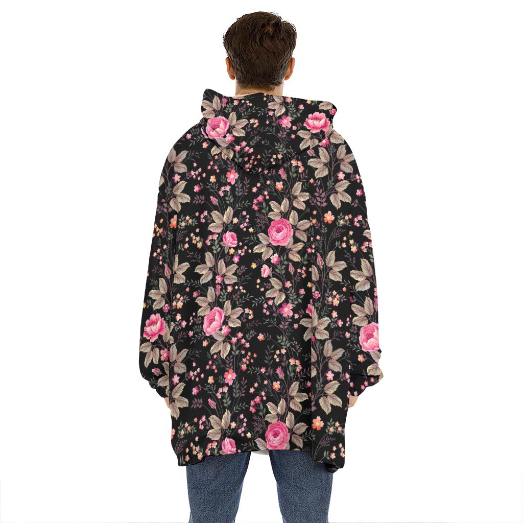Pink Floral Flower Pattern Print Hoodie Blanket