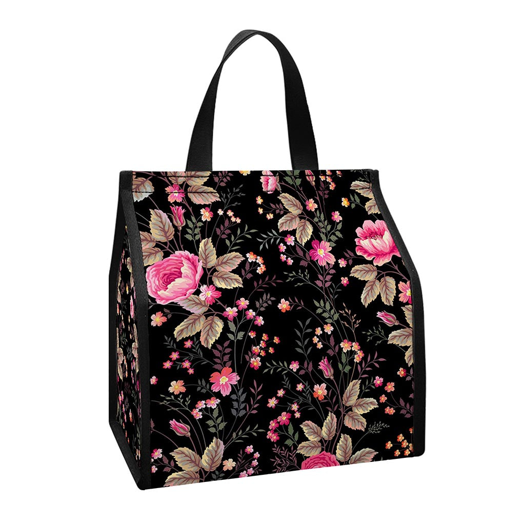 Pink Floral Flower Pattern Print Insulated Lunch Tote