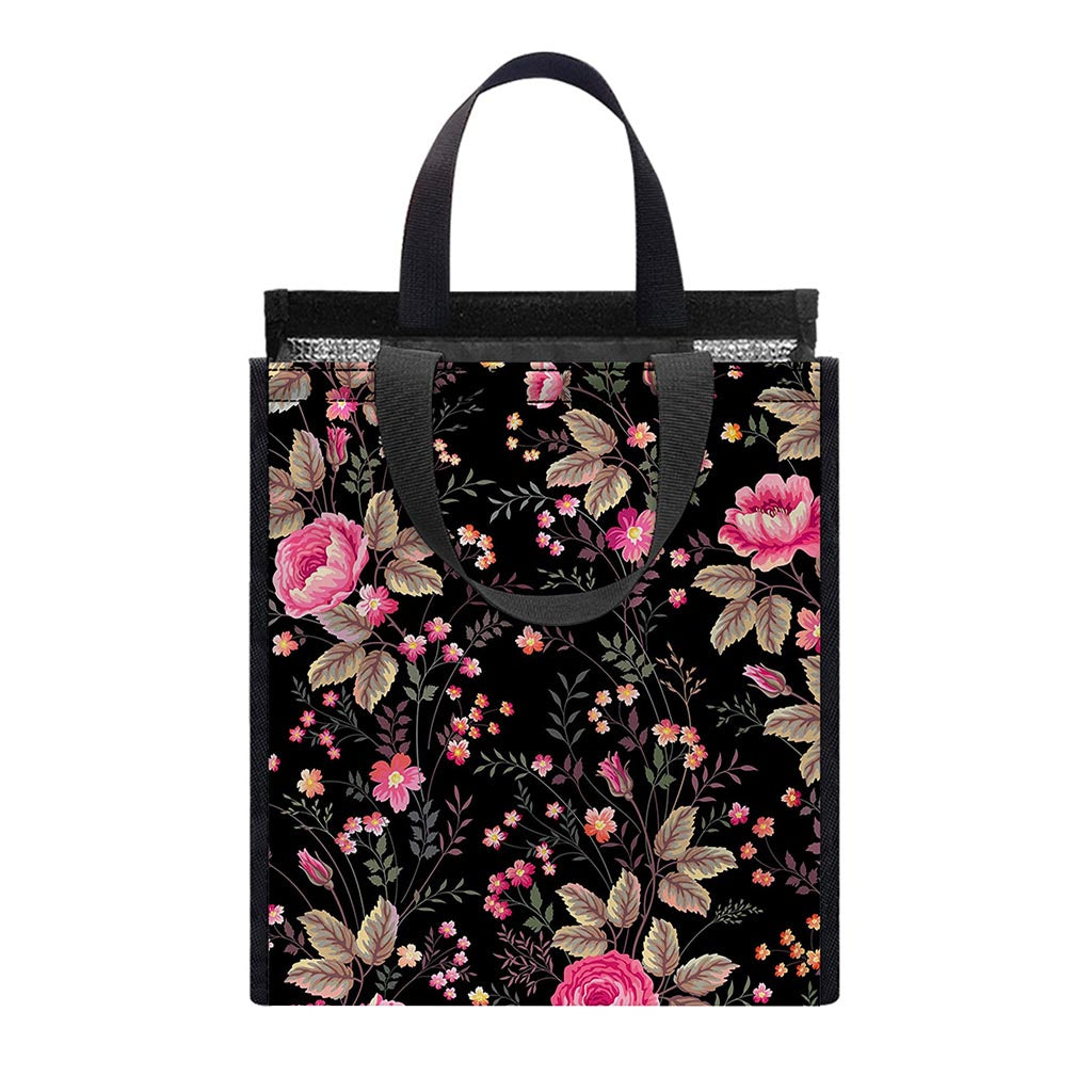 Pink Floral Flower Pattern Print Insulated Lunch Tote