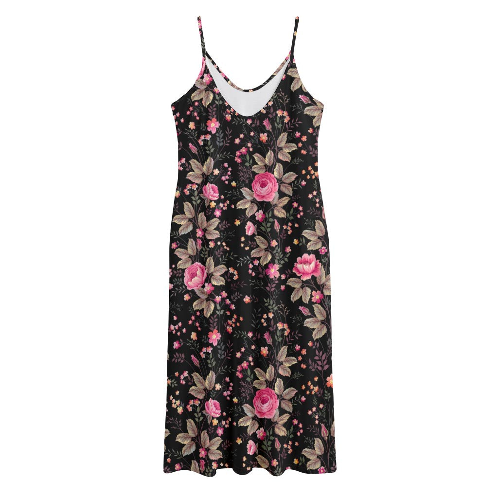 Pink Floral Flower Pattern Print Jersey Midi Cami Dress