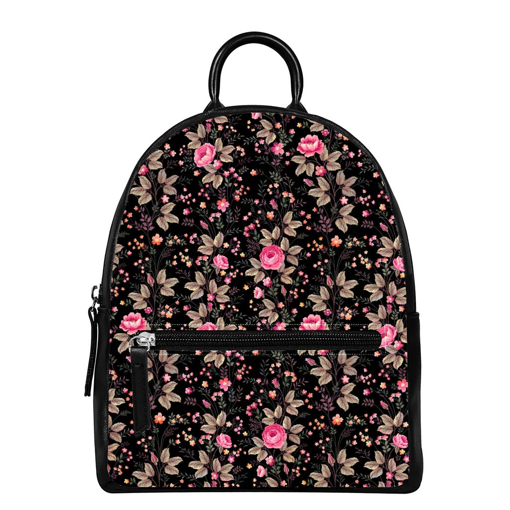 Pink Floral Flower Pattern Print Leather Backpack