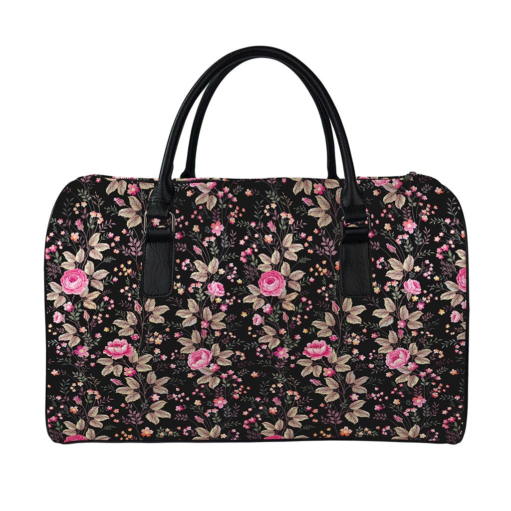 Pink Floral Flower Pattern Print Leather Duffle Bag