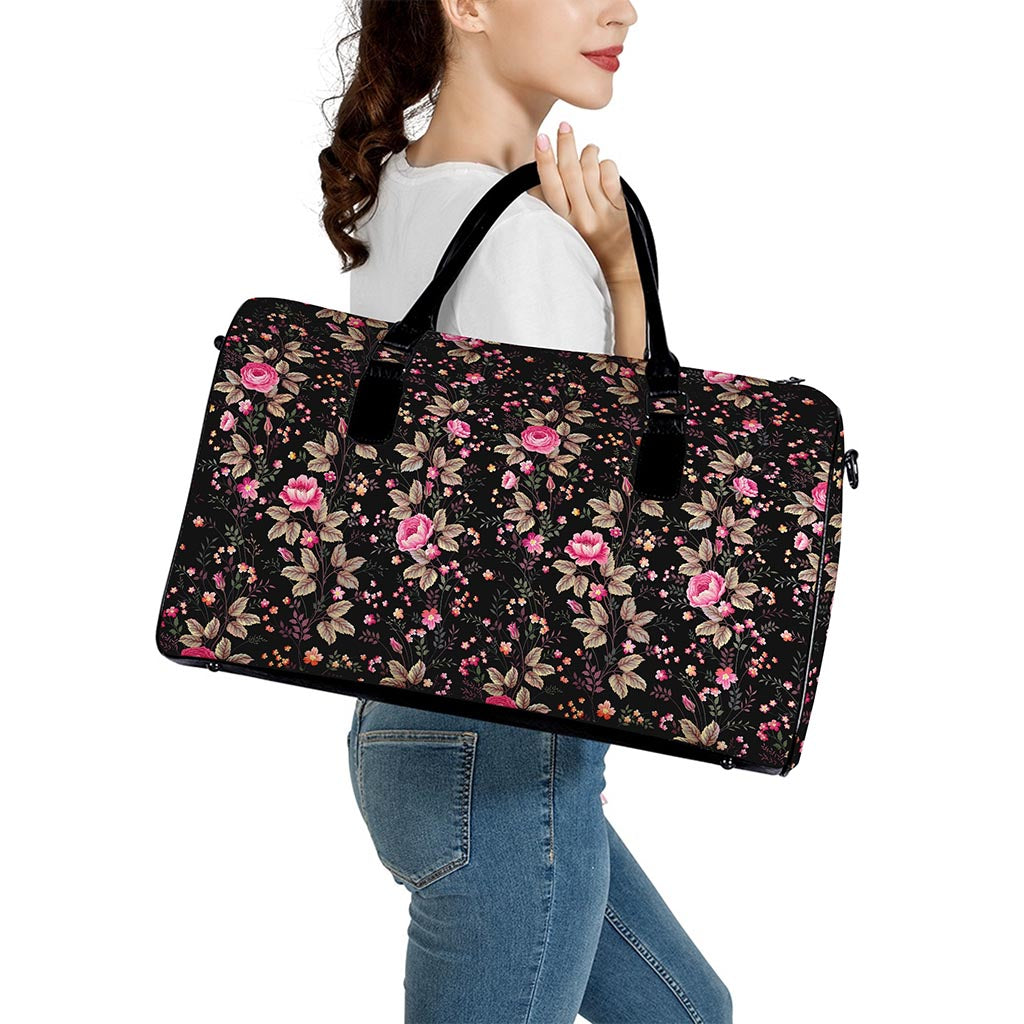 Pink Floral Flower Pattern Print Leather Duffle Bag