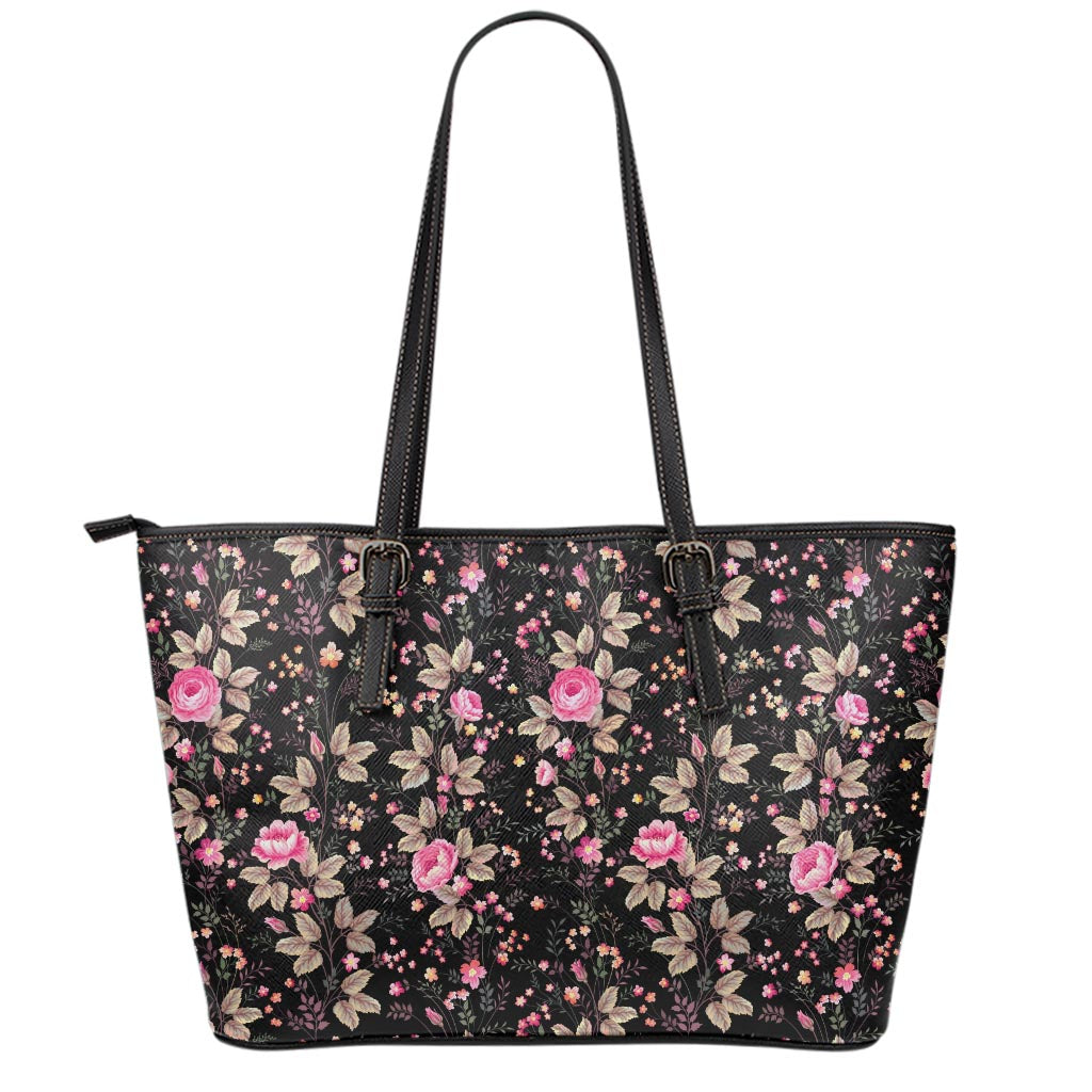 Pink Floral Flower Pattern Print Leather Tote Bag