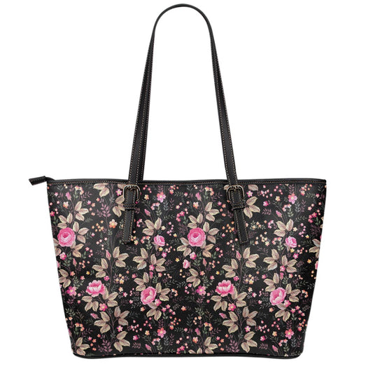 Pink Floral Flower Pattern Print Leather Tote Bag