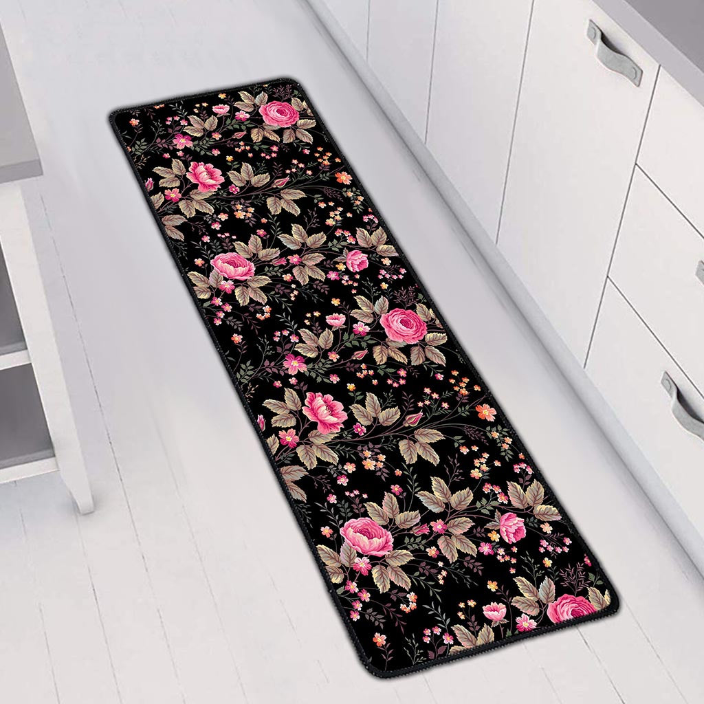 Pink Floral Flower Pattern Print Long Kitchen Mat