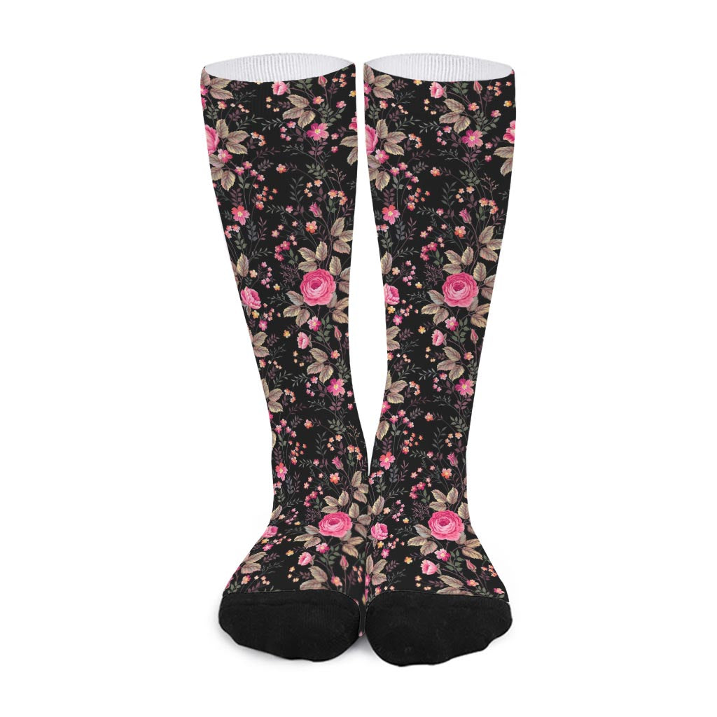 Pink Floral Flower Pattern Print Long Socks