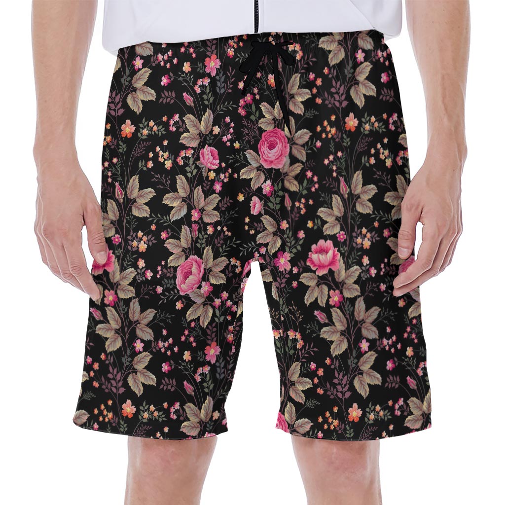 Pink Floral Flower Pattern Print Men's Beach Shorts