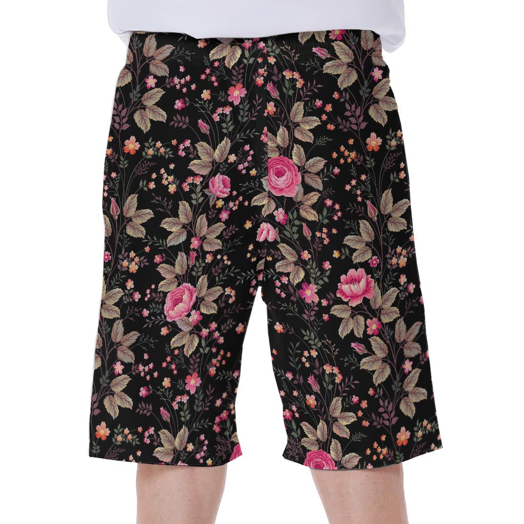 Pink Floral Flower Pattern Print Men's Beach Shorts