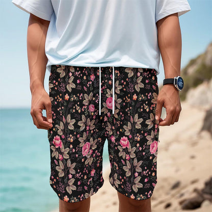 Pink Floral Flower Pattern Print Men's Cargo Shorts