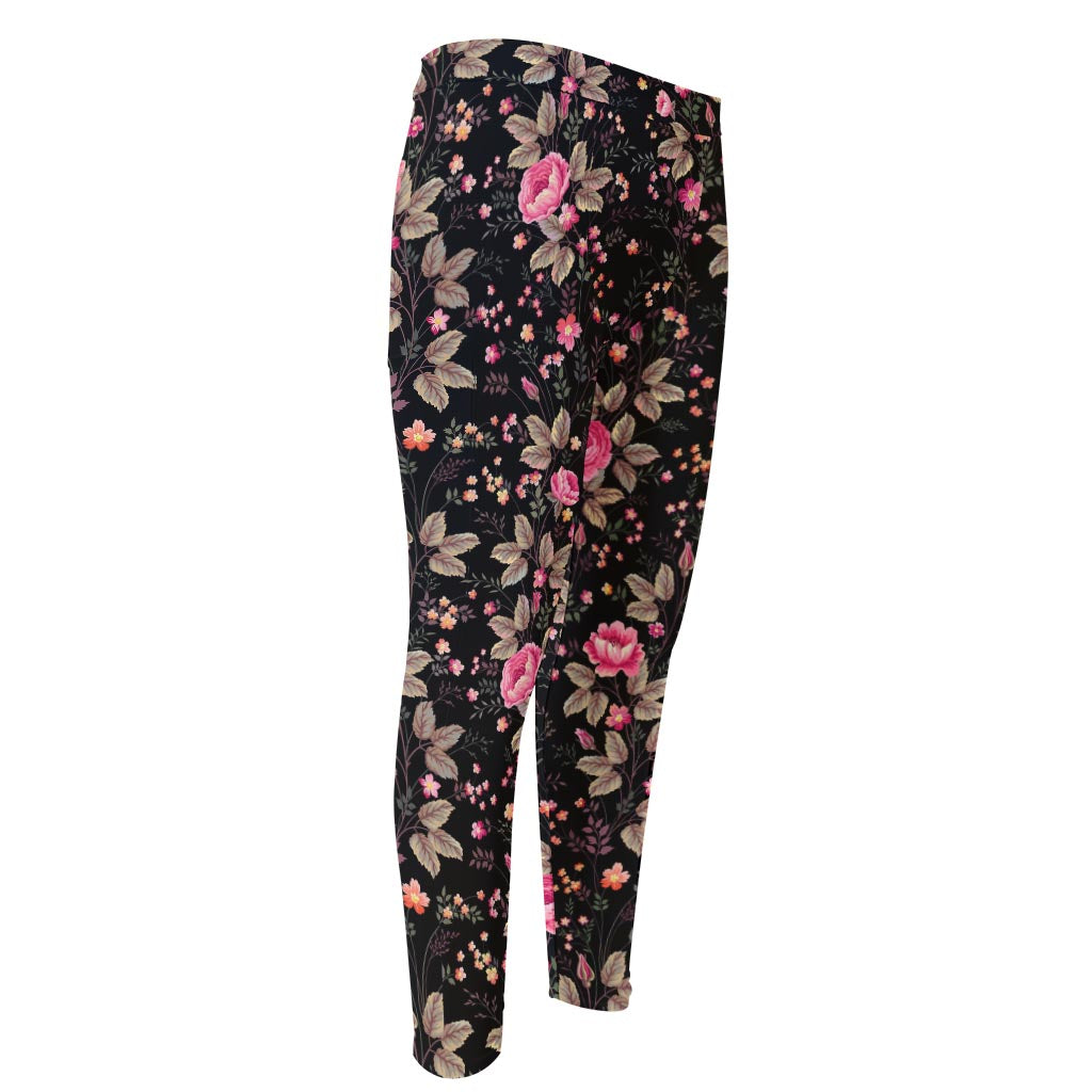 Pink Floral Flower Pattern Print Men's Compression Pants