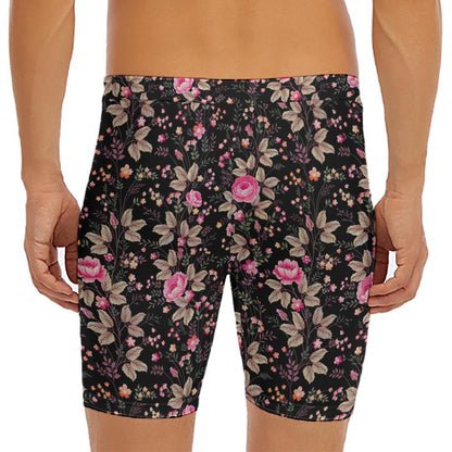 Pink Floral Flower Pattern Print Men's Long Boxer Briefs