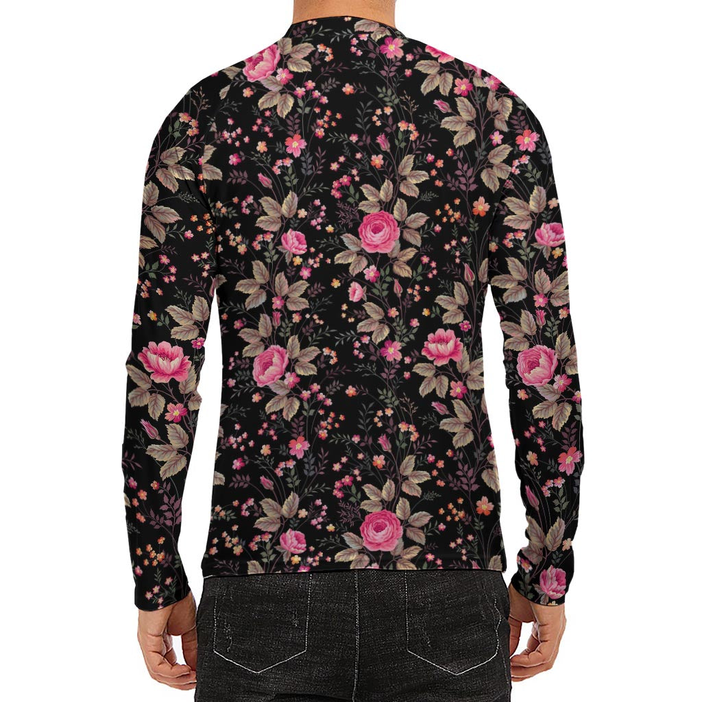 Pink Floral Flower Pattern Print Men's Long Sleeve Rash Guard