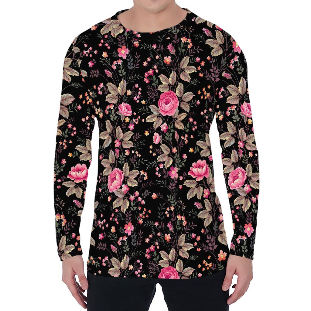 Pink Floral Flower Pattern Print Men's Long Sleeve T-Shirt