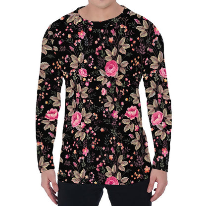 Pink Floral Flower Pattern Print Men's Long Sleeve T-Shirt