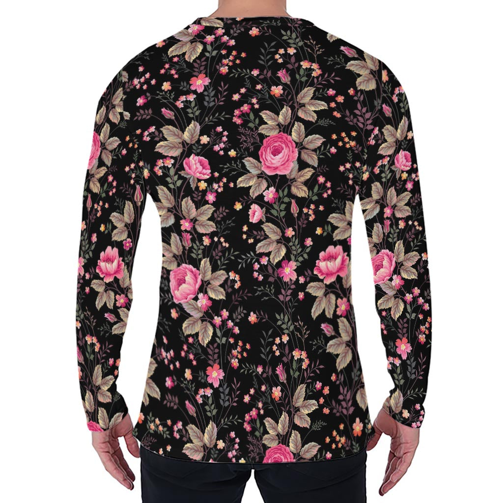 Pink Floral Flower Pattern Print Men's Long Sleeve T-Shirt