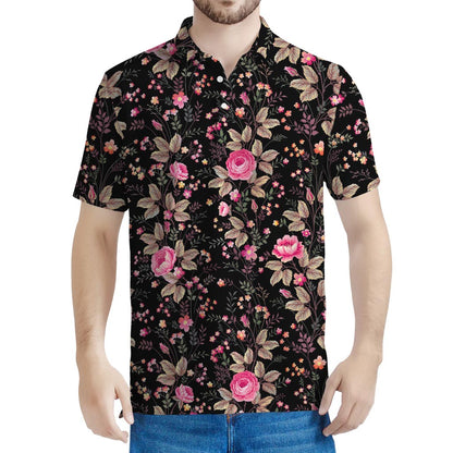 Pink Floral Flower Pattern Print Men's Polo Shirt