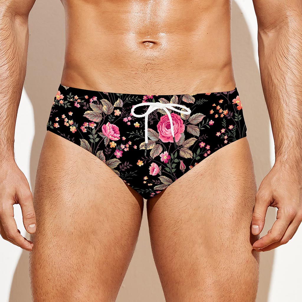 Pink Floral Flower Pattern Print Men's Swim Briefs