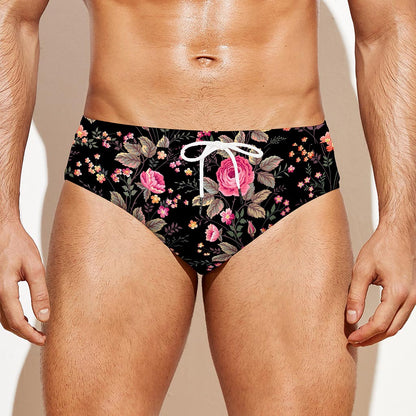 Pink Floral Flower Pattern Print Men's Swim Briefs