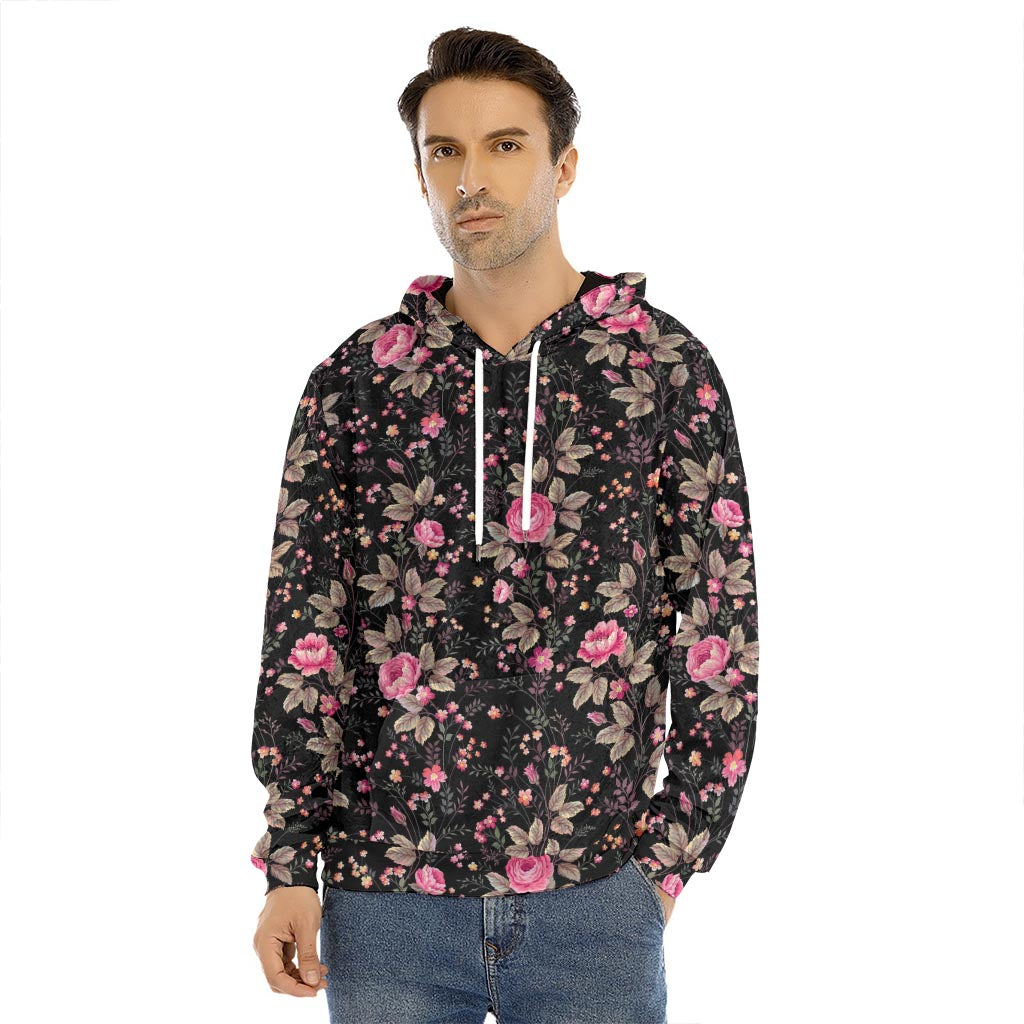 Pink Floral Flower Pattern Print Men's Velvet Pullover Hoodie
