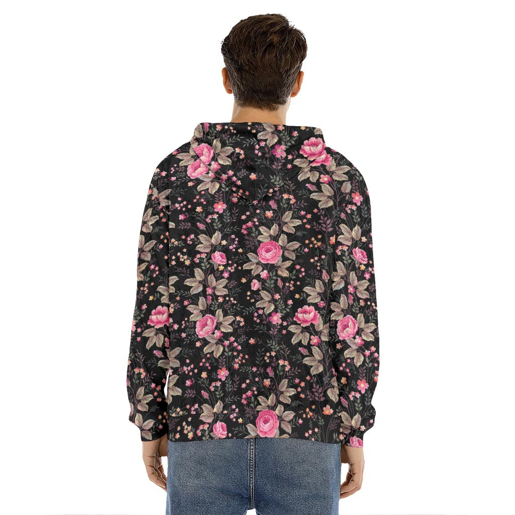 Pink Floral Flower Pattern Print Men's Velvet Pullover Hoodie