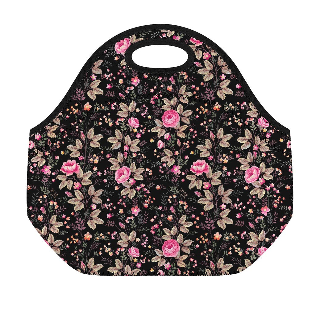 Pink Floral Flower Pattern Print Neoprene Lunch Bag