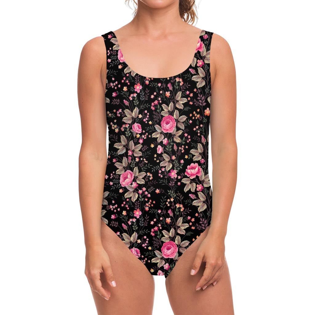 Pink Floral Flower Pattern Print One Piece Swimsuit