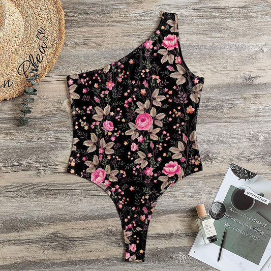 Pink Floral Flower Pattern Print One Shoulder Bodysuit