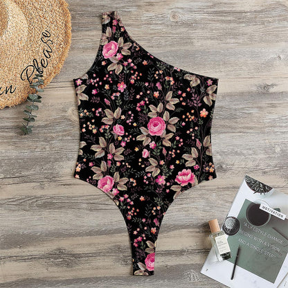 Pink Floral Flower Pattern Print One Shoulder Bodysuit