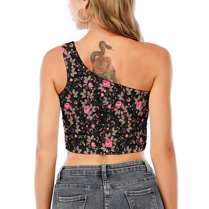 Pink Floral Flower Pattern Print One Shoulder Crop Top