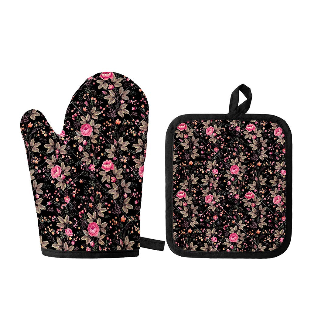 Pink Floral Flower Pattern Print Oven Mitt And Pot Holder Set
