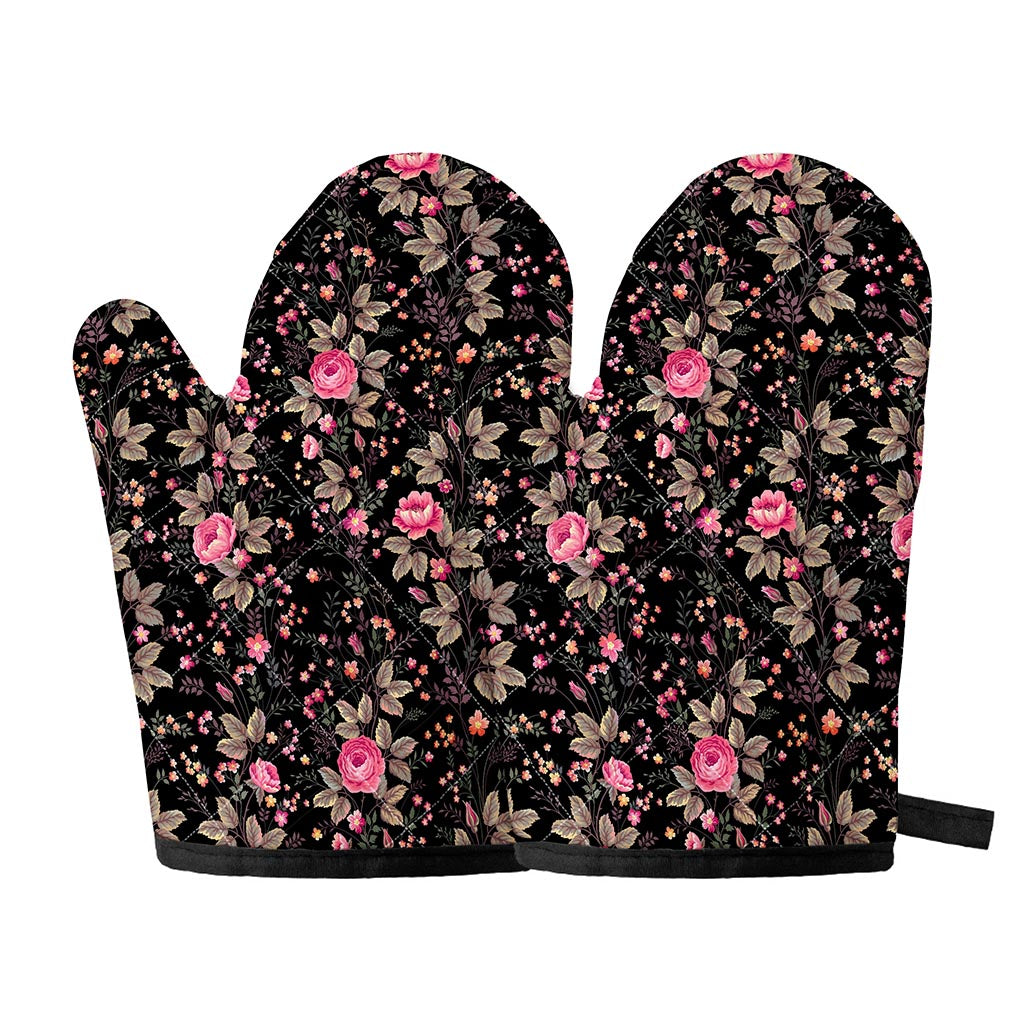 Pink Floral Flower Pattern Print Oven Mitts