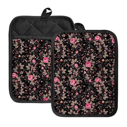 Pink Floral Flower Pattern Print Pot Holders With Pocket