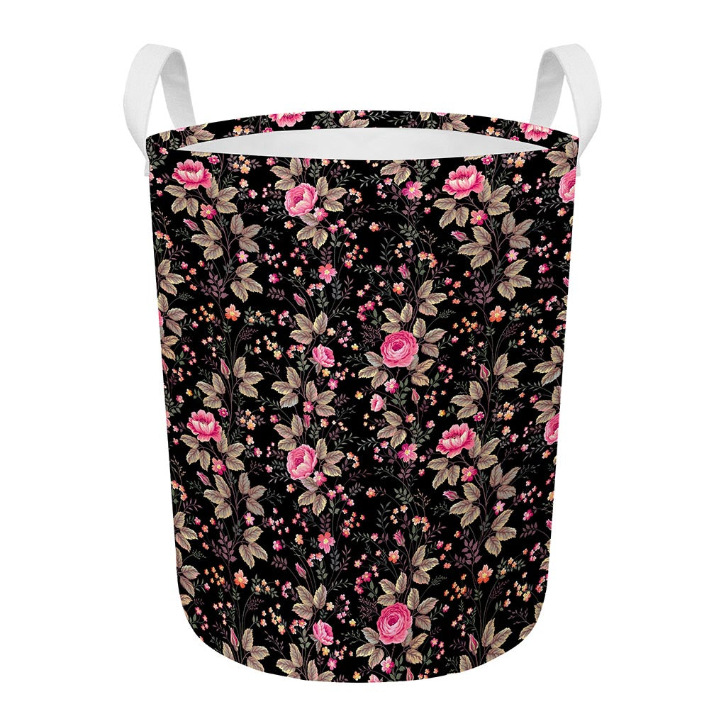 Pink Floral Flower Pattern Print Round Laundry Basket