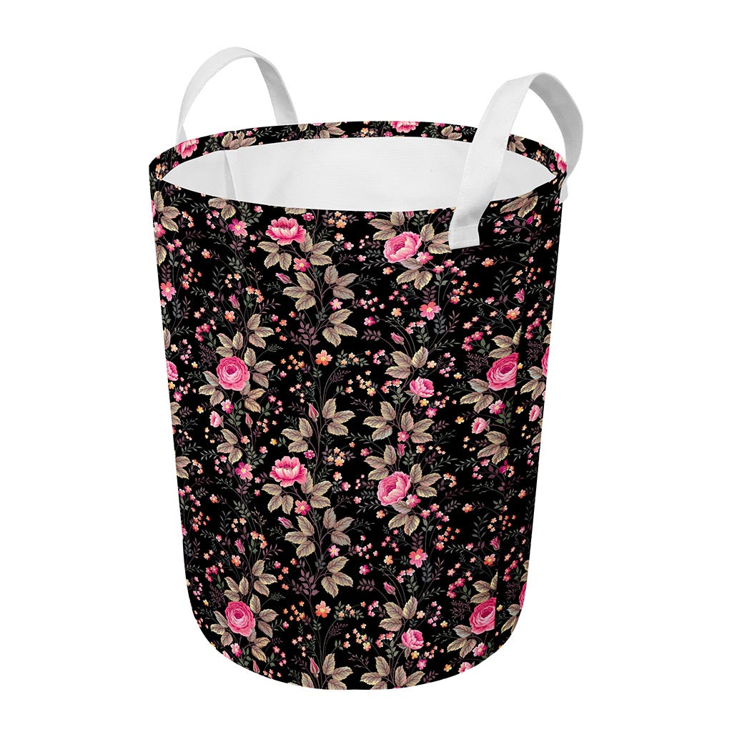 Pink Floral Flower Pattern Print Round Laundry Basket