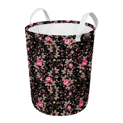 Pink Floral Flower Pattern Print Round Laundry Basket