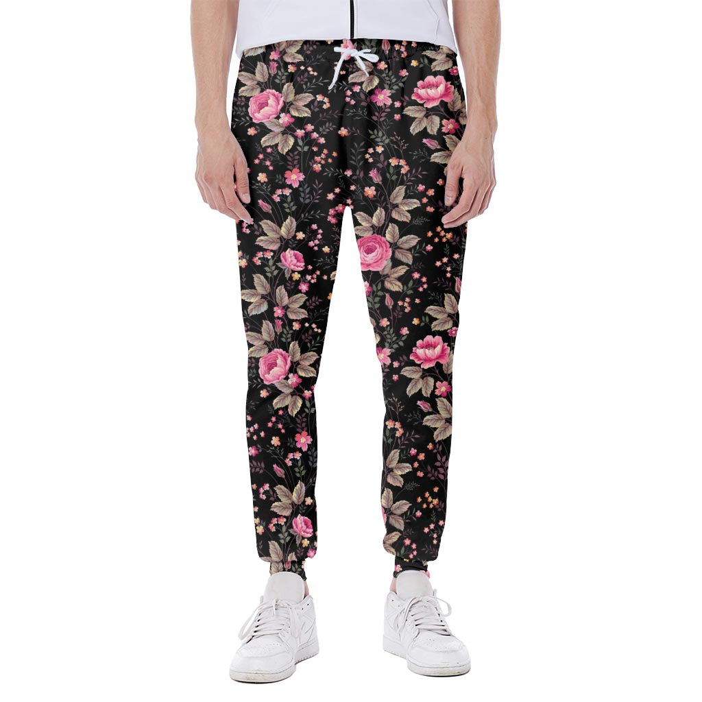 Pink Floral Flower Pattern Print Scuba Joggers