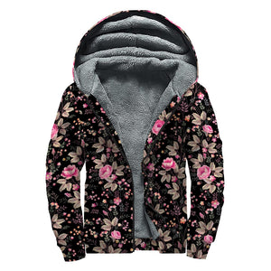 Pink Floral Flower Pattern Print Sherpa Lined Zip Up Hoodie