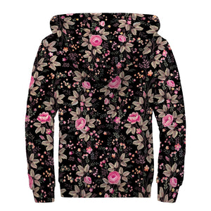 Pink Floral Flower Pattern Print Sherpa Lined Zip Up Hoodie