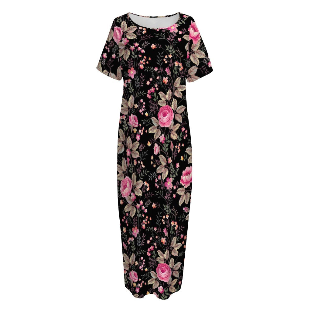 Pink Floral Flower Pattern Print Short Sleeve Long Nightdress