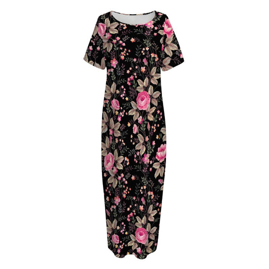 Pink Floral Flower Pattern Print Short Sleeve Long Nightdress