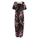 Pink Floral Flower Pattern Print Short Sleeve Long Nightdress