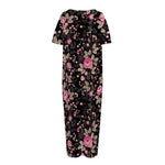 Pink Floral Flower Pattern Print Short Sleeve Long Nightdress