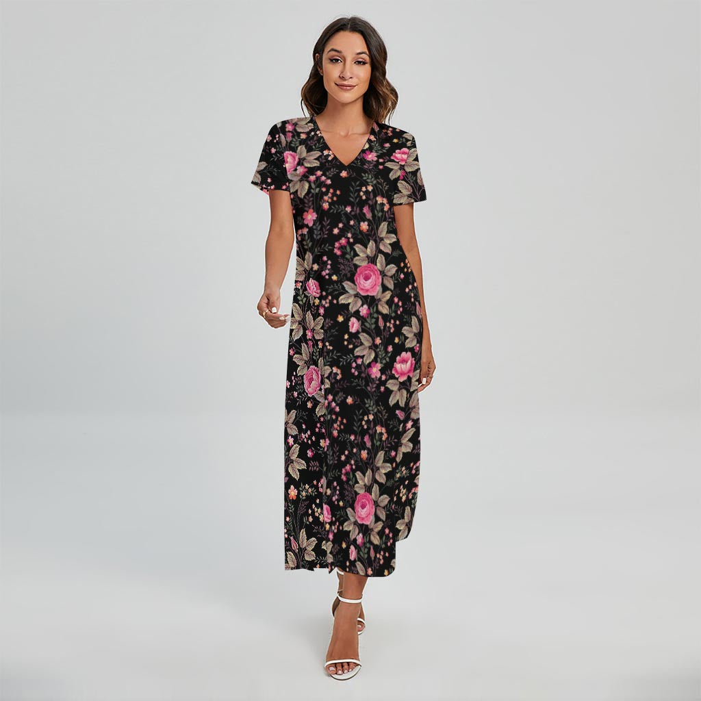 Pink Floral Flower Pattern Print Short Sleeve Maxi Dress