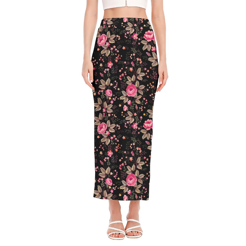 Pink Floral Flower Pattern Print Side Slit Maxi Skirt