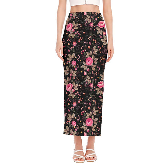 Pink Floral Flower Pattern Print Side Slit Maxi Skirt