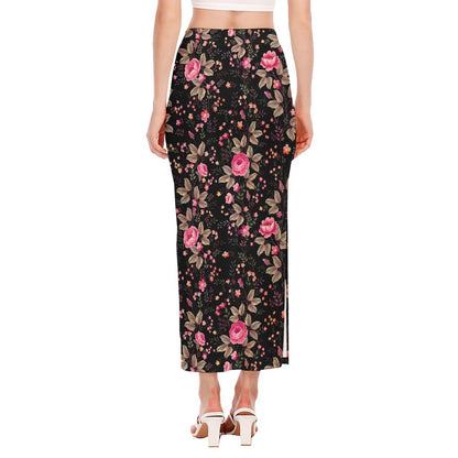 Pink Floral Flower Pattern Print Side Slit Maxi Skirt