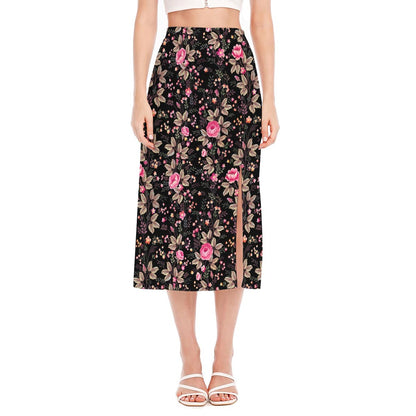 Pink Floral Flower Pattern Print Side Slit Midi Skirt