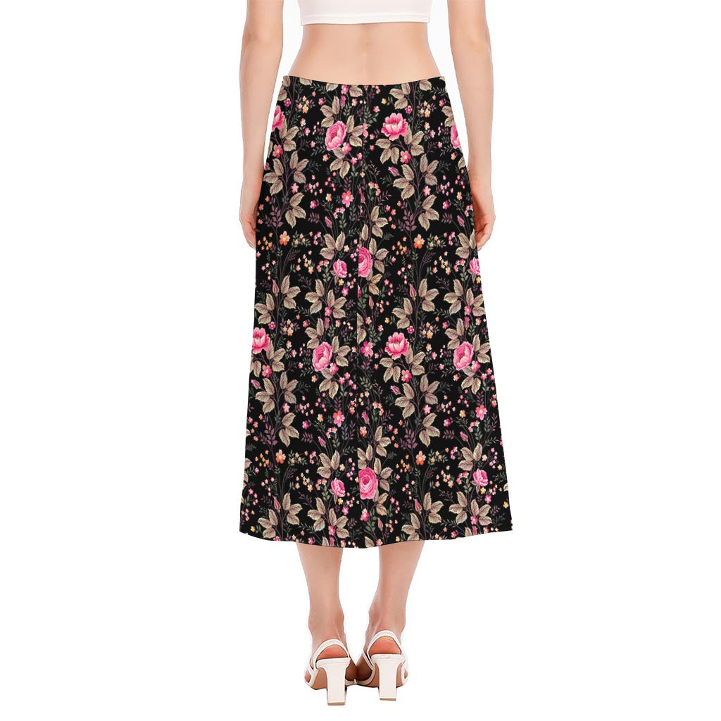 Pink Floral Flower Pattern Print Side Slit Midi Skirt