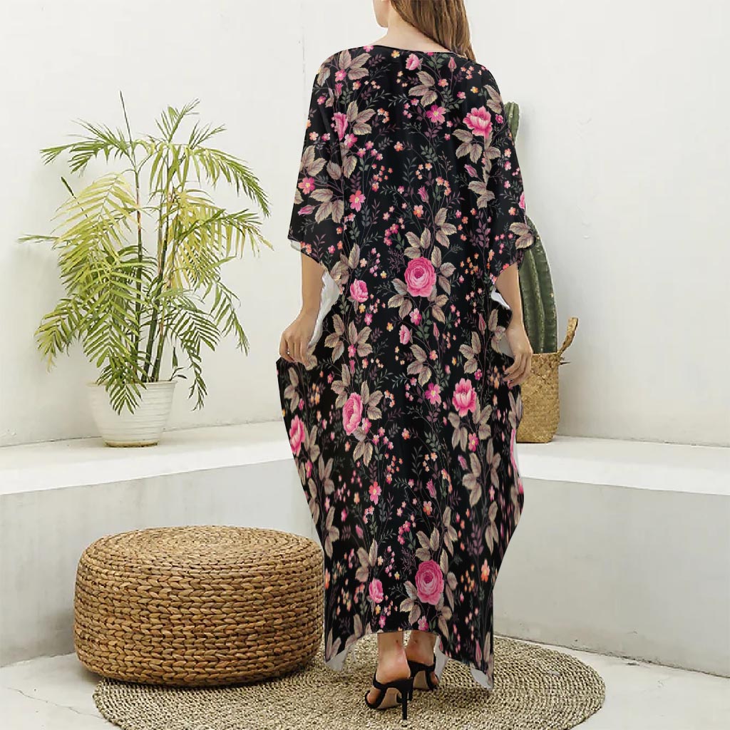 Pink Floral Flower Pattern Print Silk V-Neck Kaftan Dress